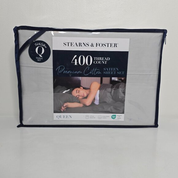 STEARNS & FOSTER Queen Gray 400 TC Cotton Sateen Sheet Set MSRP $229 Grey NEW